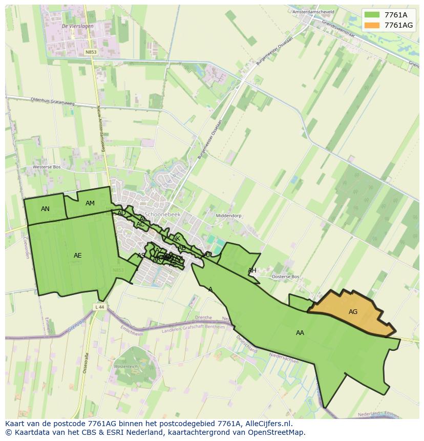Afbeelding van het postcodegebied 7761 AG op de kaart.
