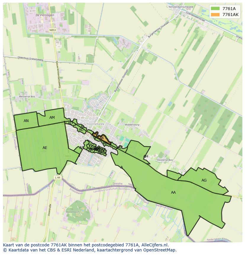 Afbeelding van het postcodegebied 7761 AK op de kaart.