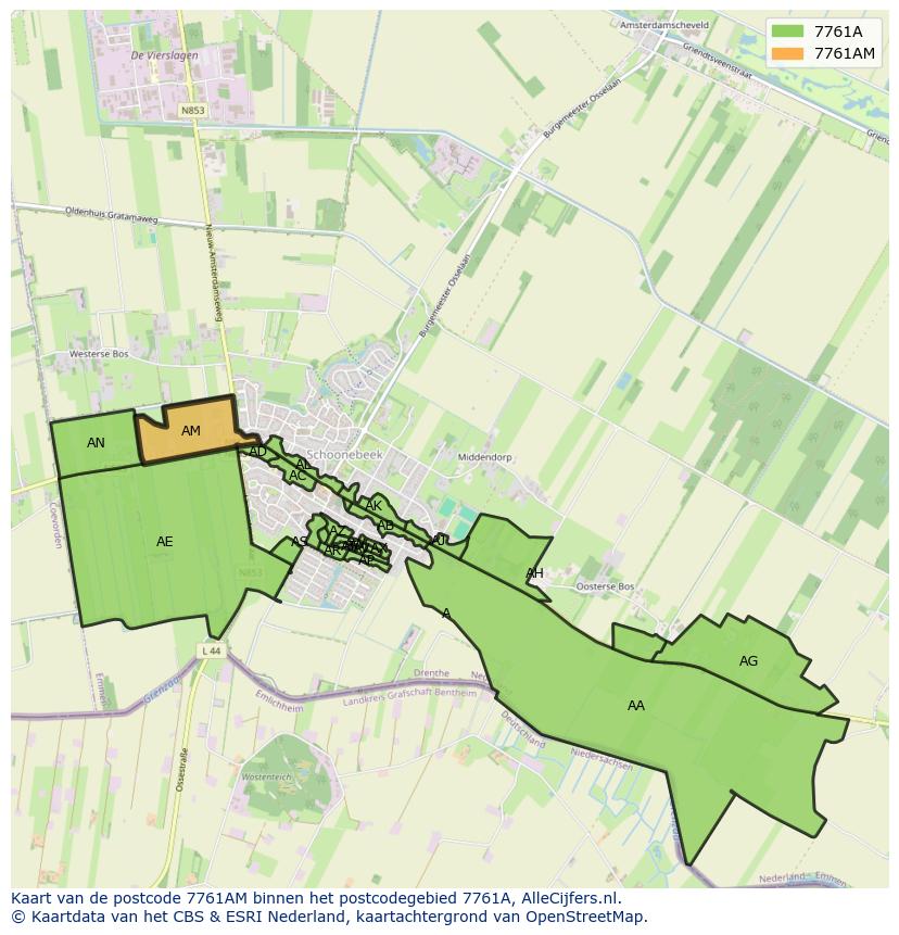 Afbeelding van het postcodegebied 7761 AM op de kaart.