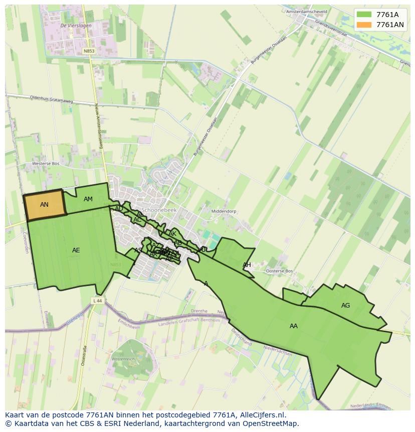 Afbeelding van het postcodegebied 7761 AN op de kaart.