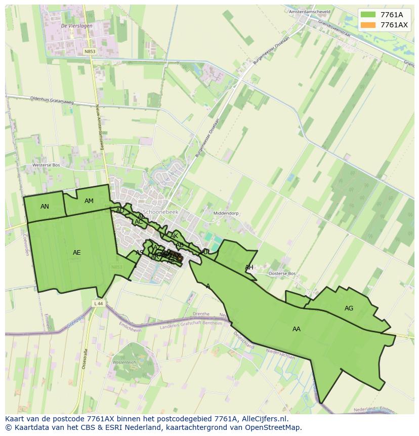 Afbeelding van het postcodegebied 7761 AX op de kaart.