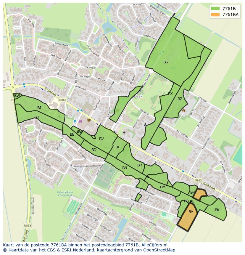 Afbeelding van het postcodegebied 7761 BA op de kaart.
