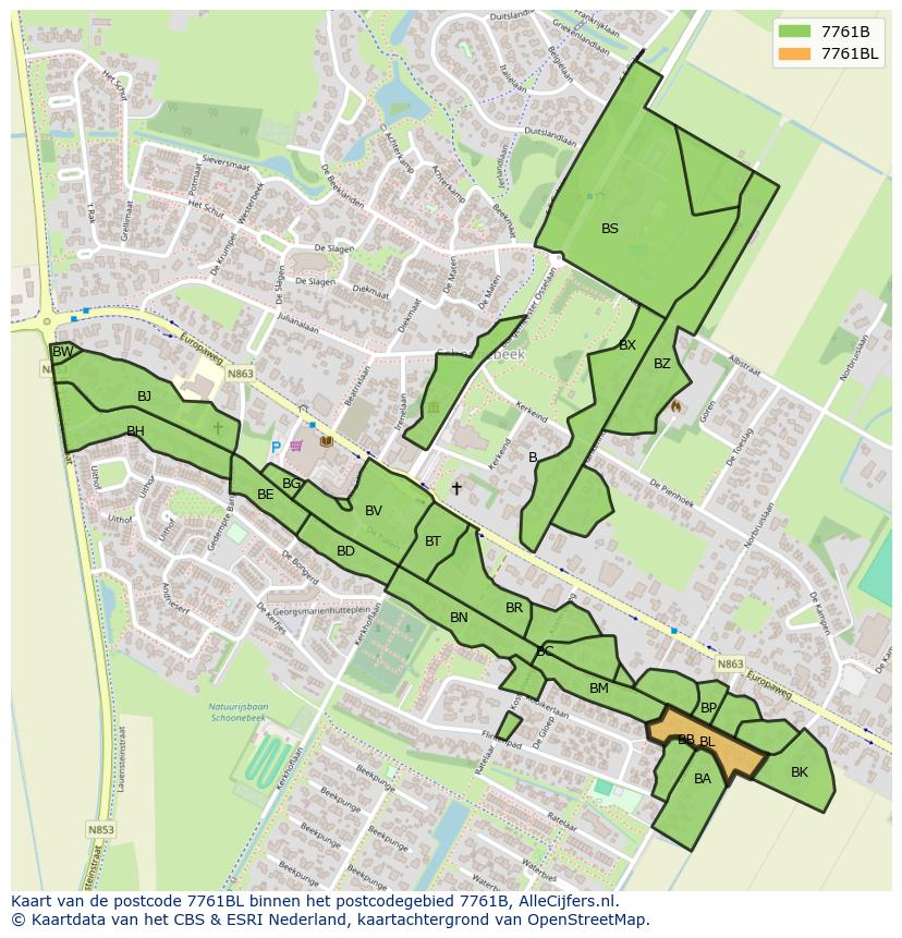 Afbeelding van het postcodegebied 7761 BL op de kaart.