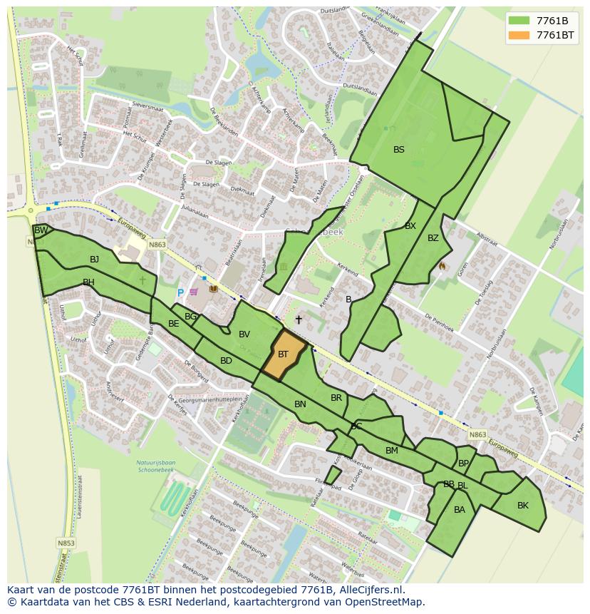 Afbeelding van het postcodegebied 7761 BT op de kaart.