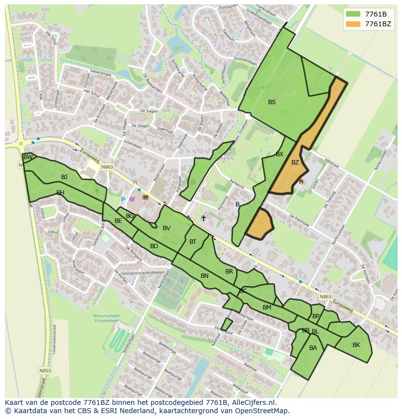 Afbeelding van het postcodegebied 7761 BZ op de kaart.