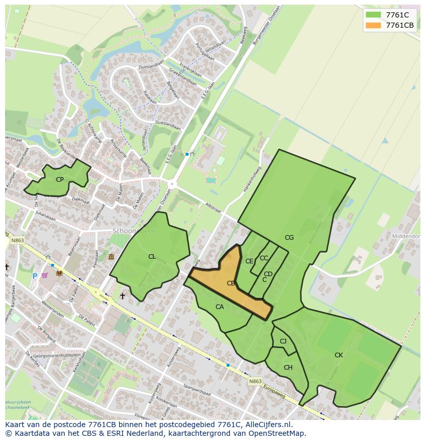 Afbeelding van het postcodegebied 7761 CB op de kaart.