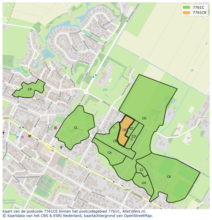Afbeelding van het postcodegebied 7761 CE op de kaart.
