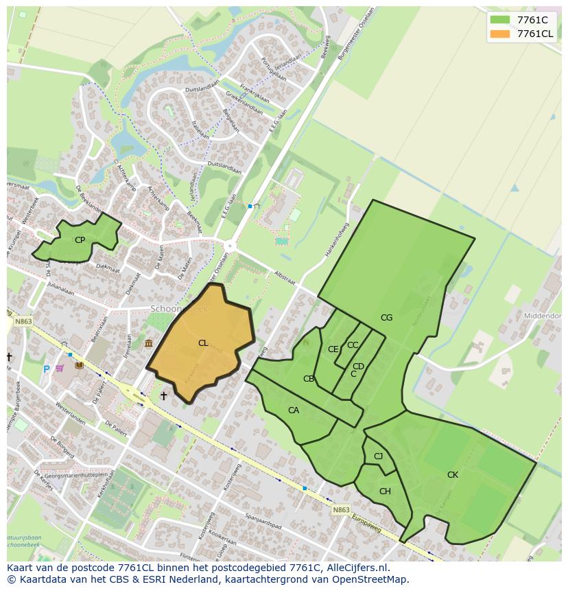 Afbeelding van het postcodegebied 7761 CL op de kaart.