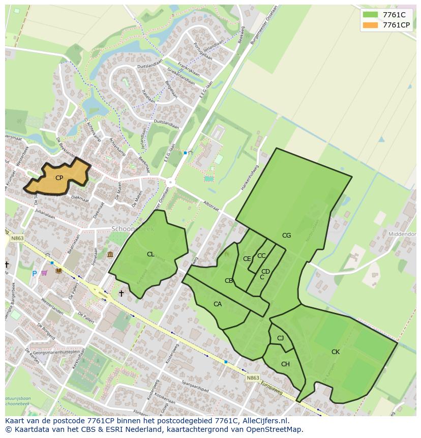 Afbeelding van het postcodegebied 7761 CP op de kaart.