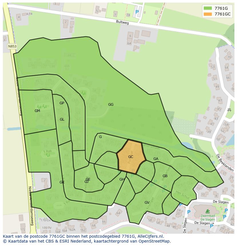 Afbeelding van het postcodegebied 7761 GC op de kaart.