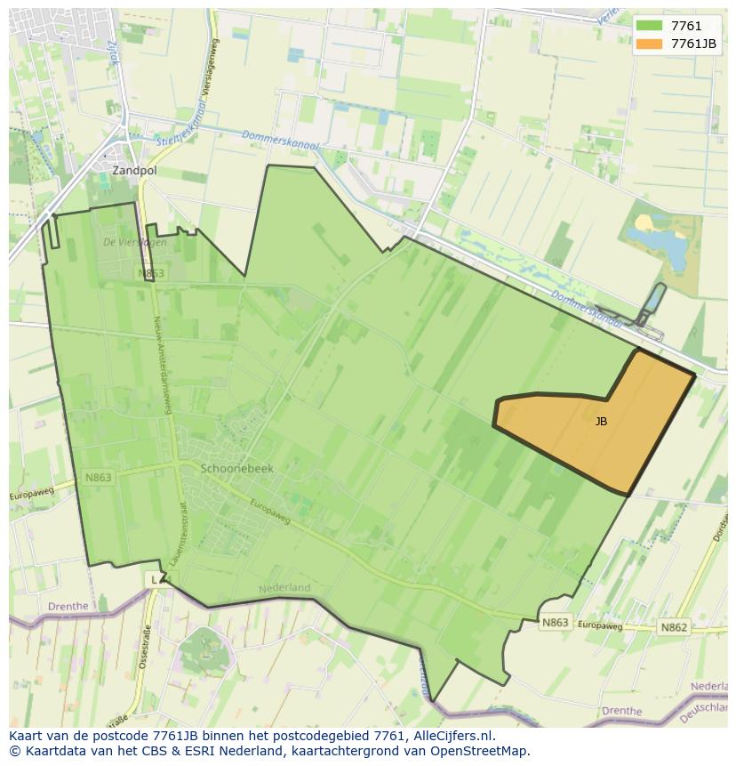 Afbeelding van het postcodegebied 7761 JB op de kaart.