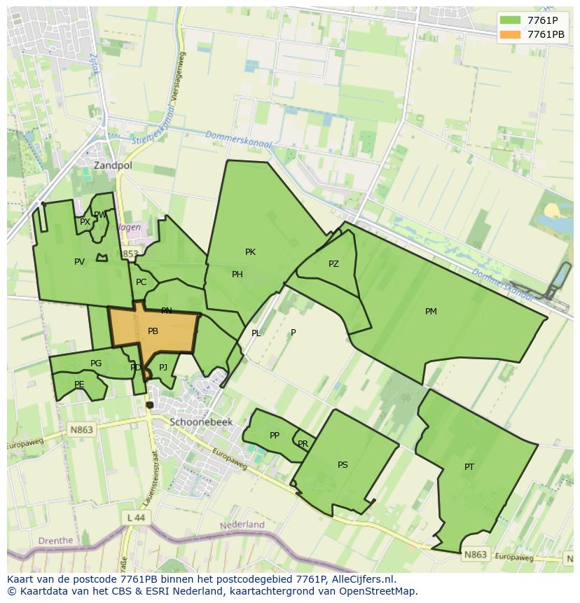 Afbeelding van het postcodegebied 7761 PB op de kaart.