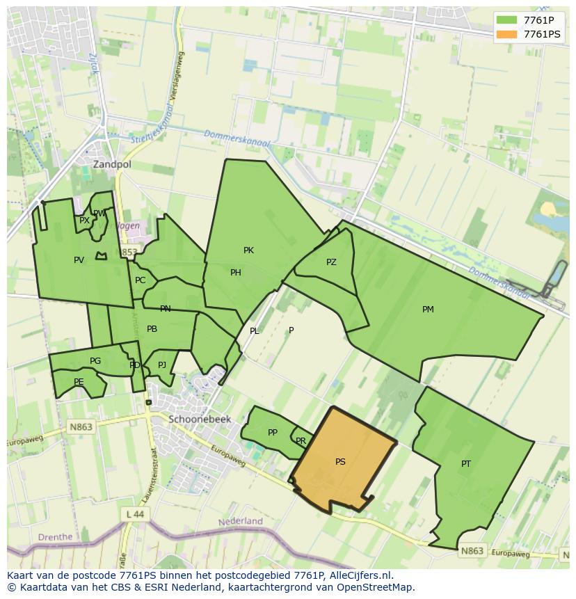 Afbeelding van het postcodegebied 7761 PS op de kaart.