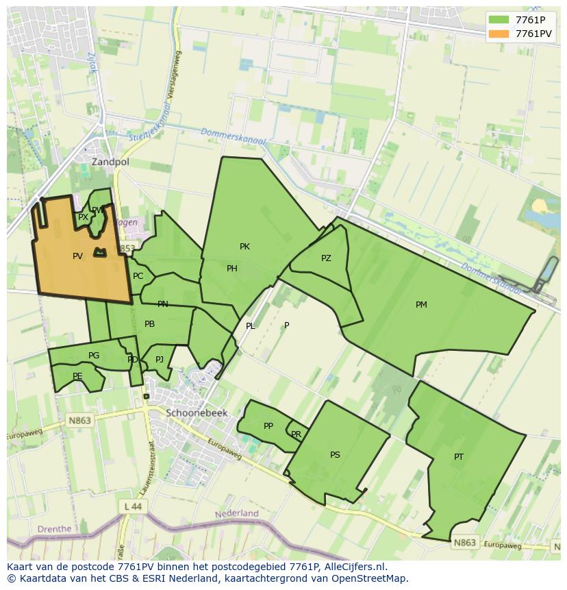 Afbeelding van het postcodegebied 7761 PV op de kaart.