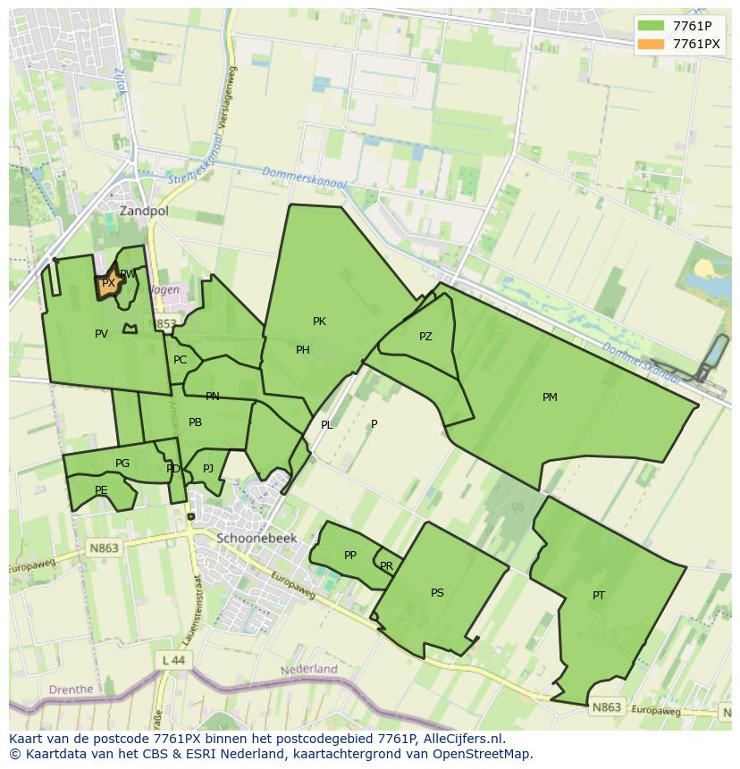 Afbeelding van het postcodegebied 7761 PX op de kaart.