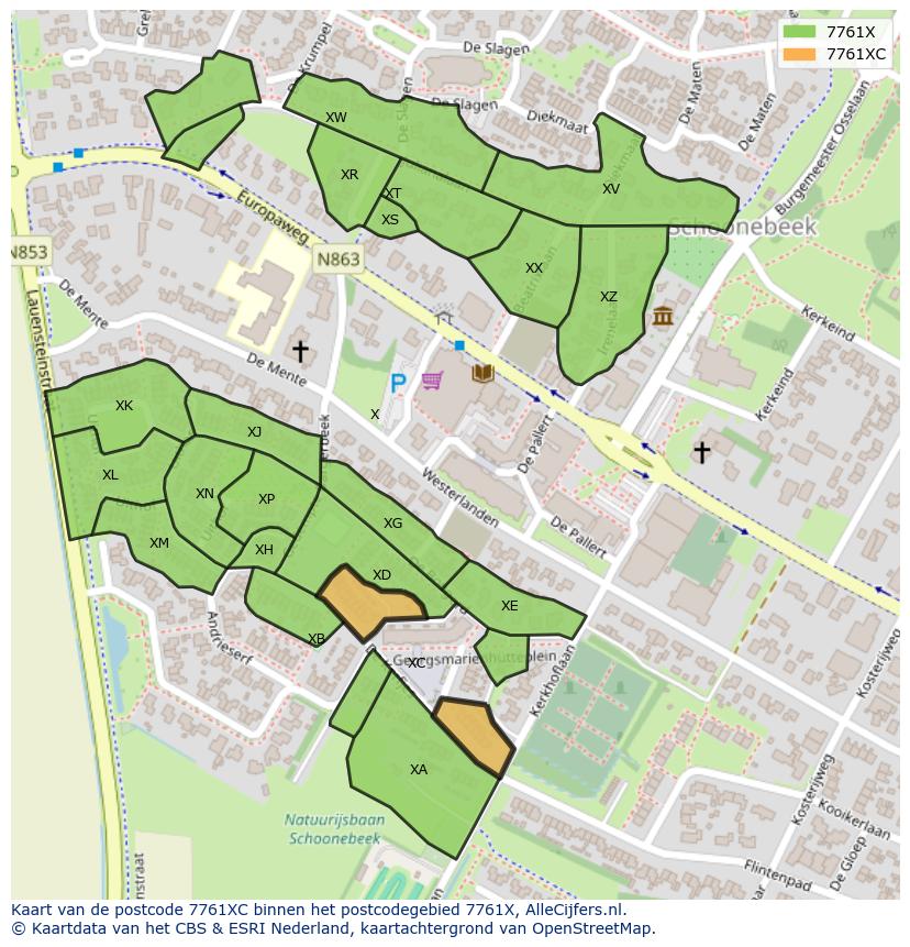 Afbeelding van het postcodegebied 7761 XC op de kaart.