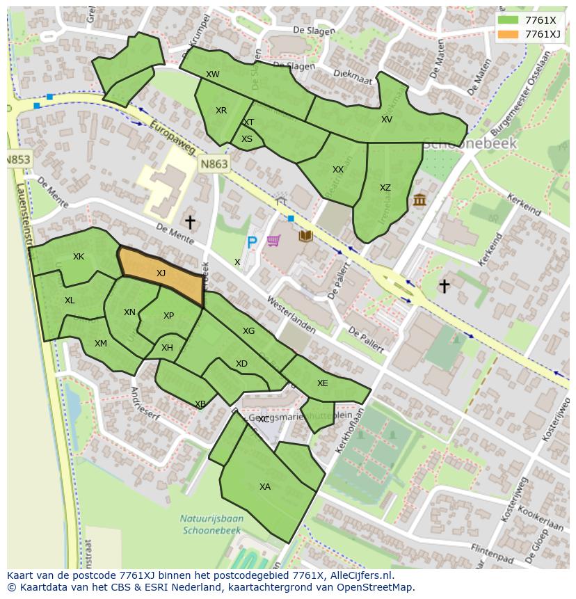 Afbeelding van het postcodegebied 7761 XJ op de kaart.