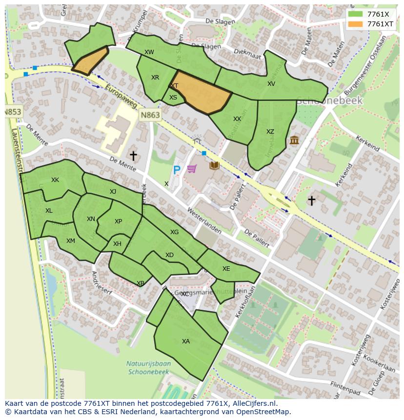 Afbeelding van het postcodegebied 7761 XT op de kaart.