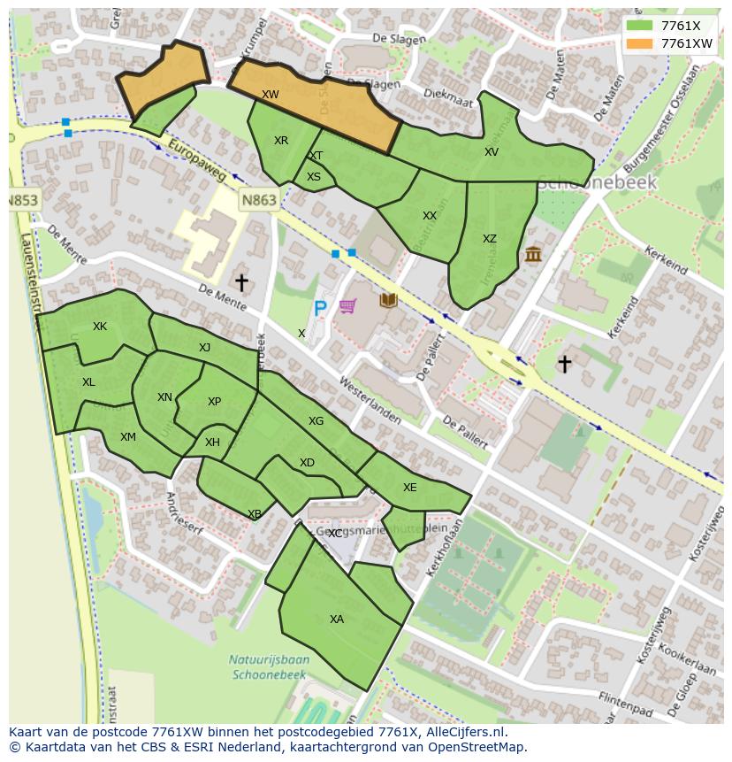 Afbeelding van het postcodegebied 7761 XW op de kaart.