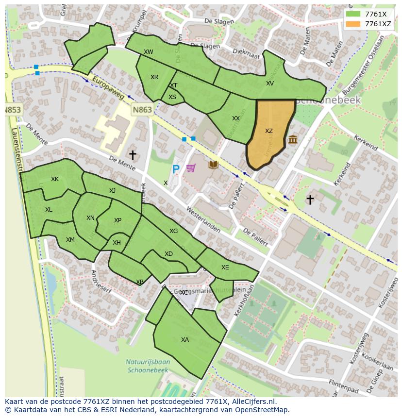 Afbeelding van het postcodegebied 7761 XZ op de kaart.