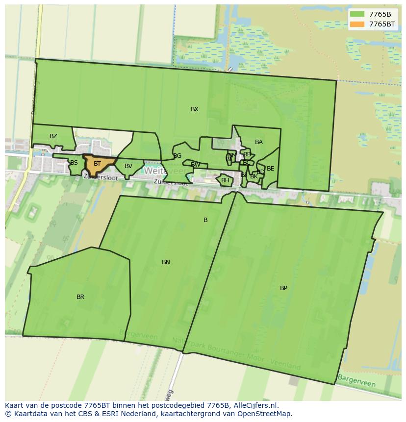 Afbeelding van het postcodegebied 7765 BT op de kaart.