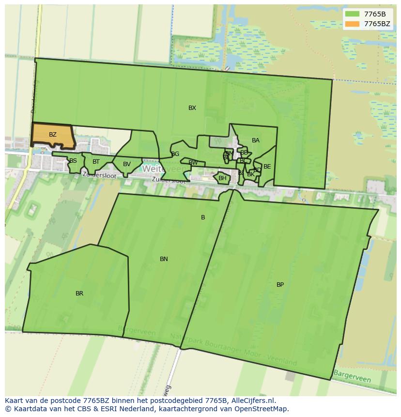 Afbeelding van het postcodegebied 7765 BZ op de kaart.