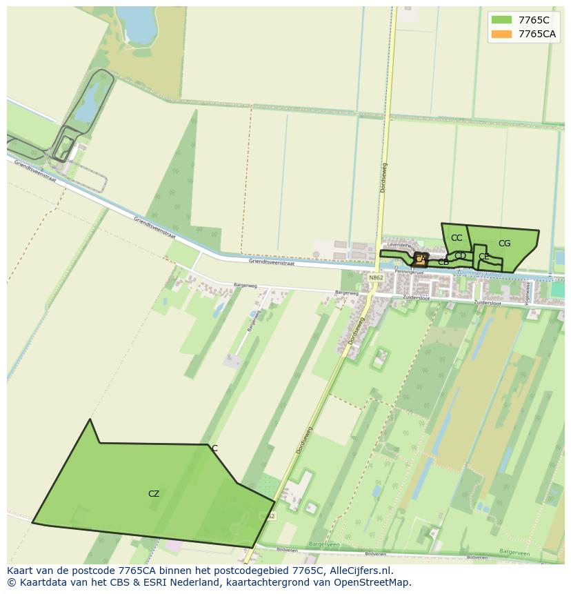 Afbeelding van het postcodegebied 7765 CA op de kaart.