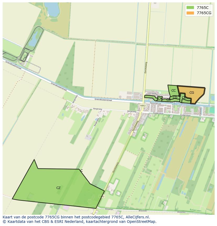 Afbeelding van het postcodegebied 7765 CG op de kaart.