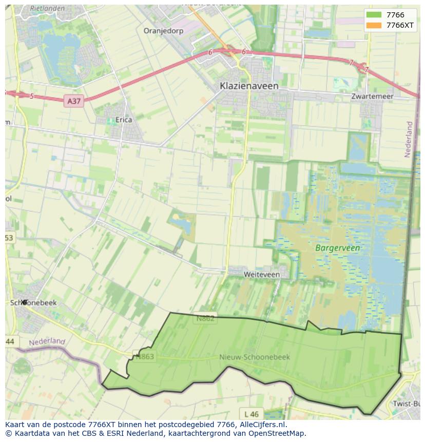 Afbeelding van het postcodegebied 7766 XT op de kaart.
