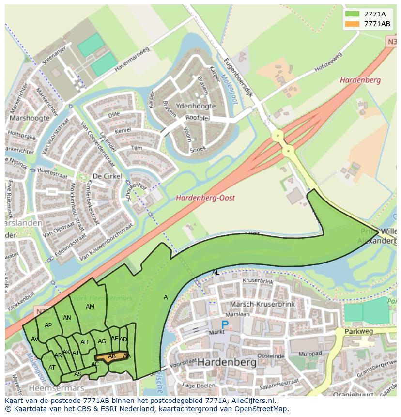 Afbeelding van het postcodegebied 7771 AB op de kaart.