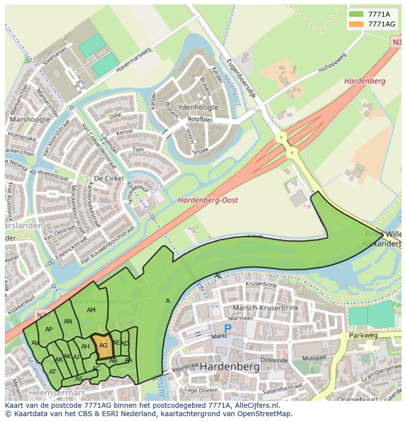 Afbeelding van het postcodegebied 7771 AG op de kaart.