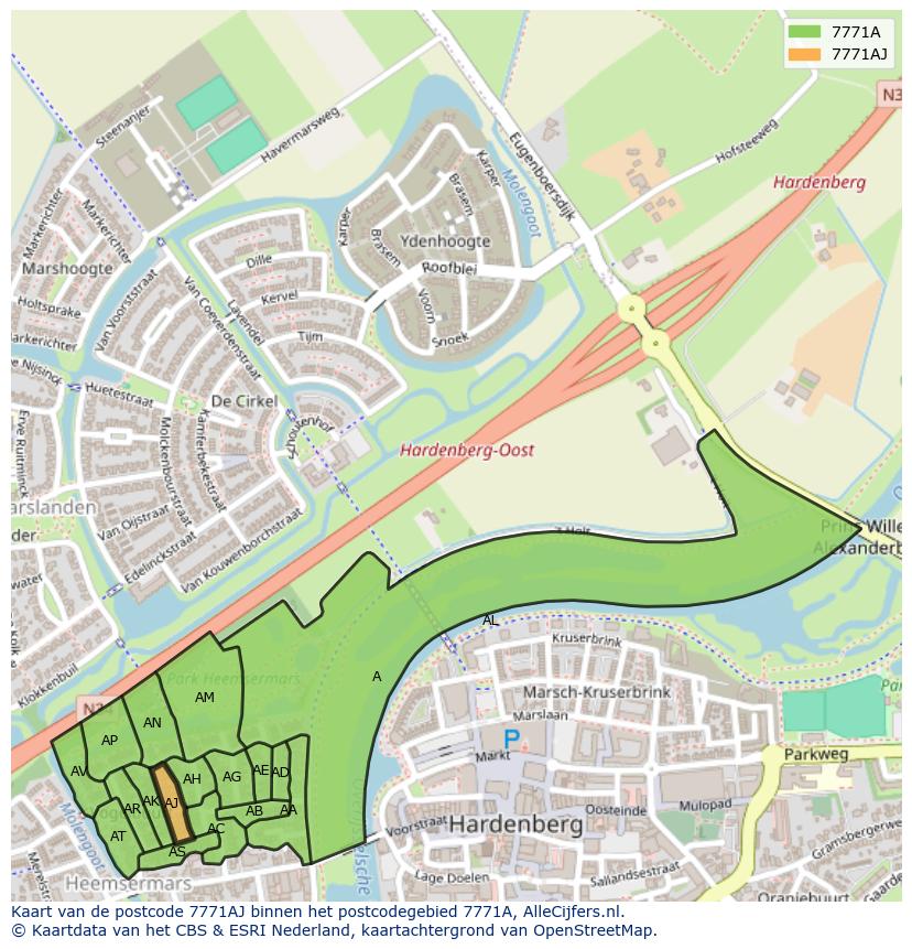 Afbeelding van het postcodegebied 7771 AJ op de kaart.