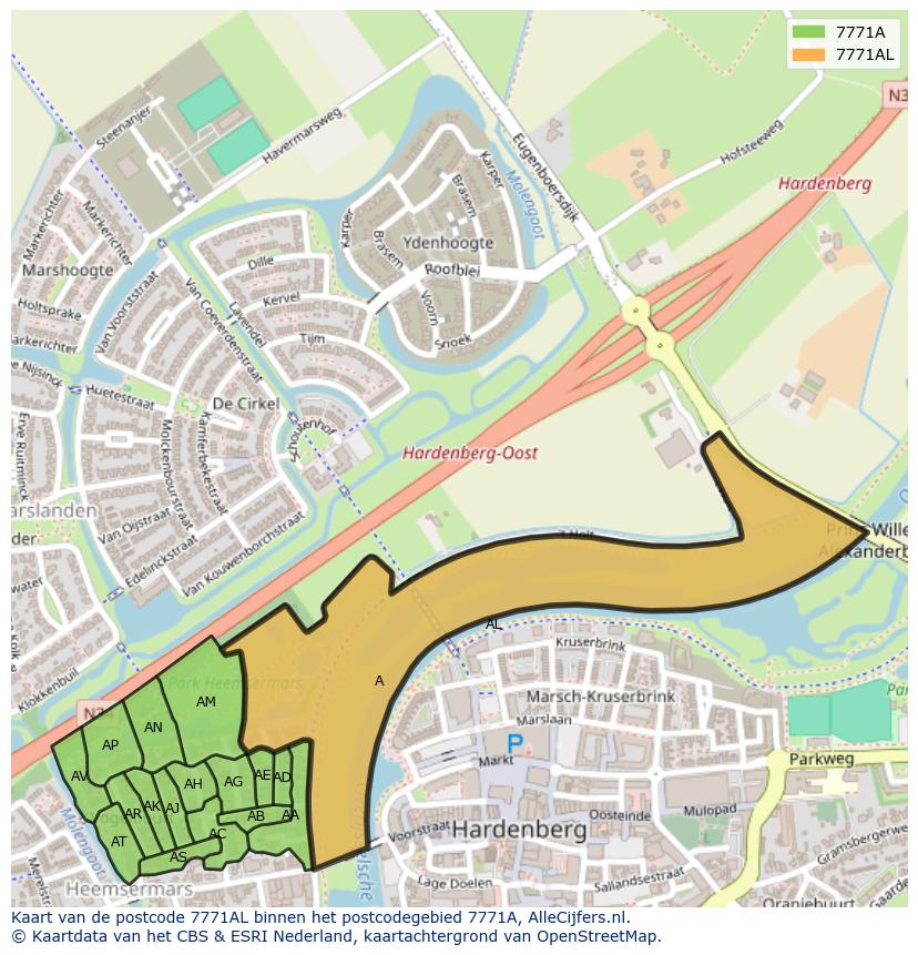 Afbeelding van het postcodegebied 7771 AL op de kaart.