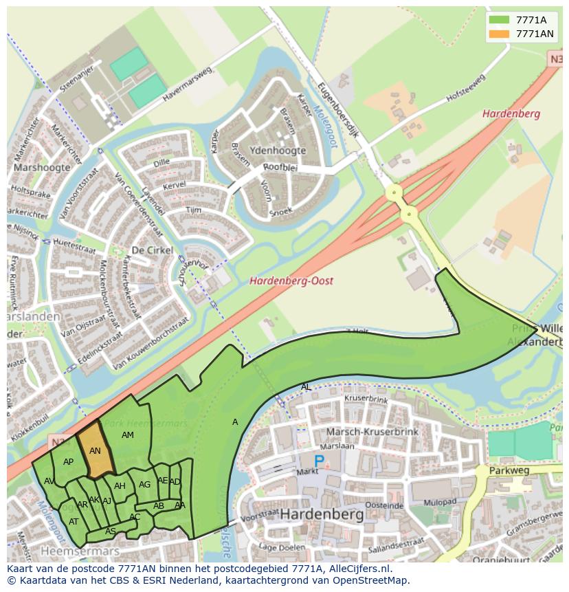 Afbeelding van het postcodegebied 7771 AN op de kaart.