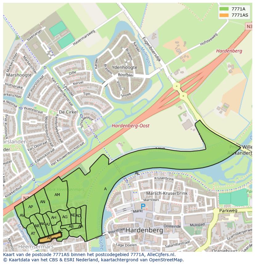Afbeelding van het postcodegebied 7771 AS op de kaart.