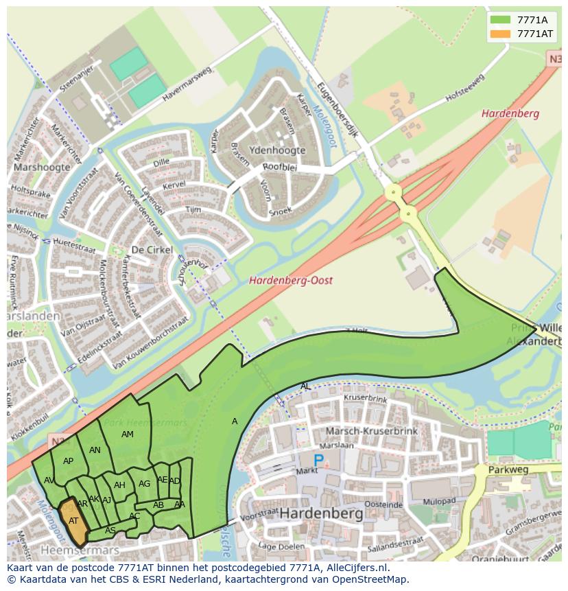Afbeelding van het postcodegebied 7771 AT op de kaart.