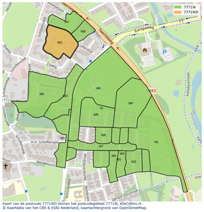 Afbeelding van het postcodegebied 7771 WD op de kaart.