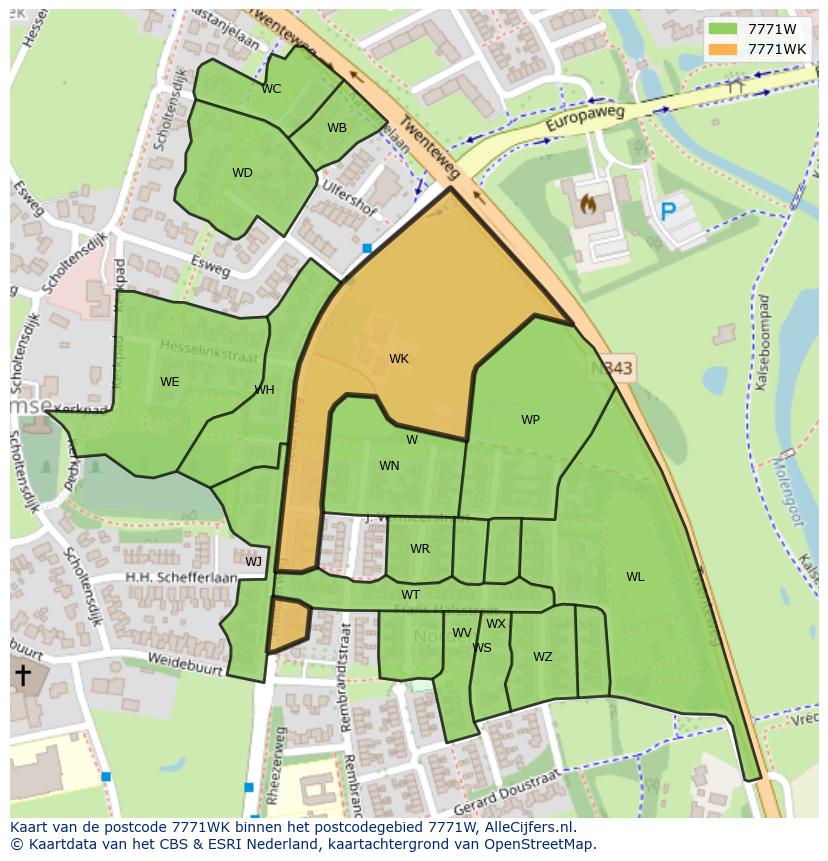 Afbeelding van het postcodegebied 7771 WK op de kaart.