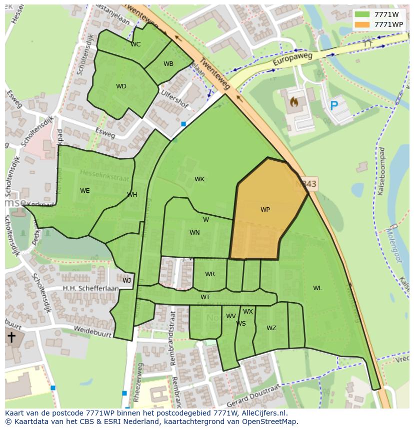 Afbeelding van het postcodegebied 7771 WP op de kaart.
