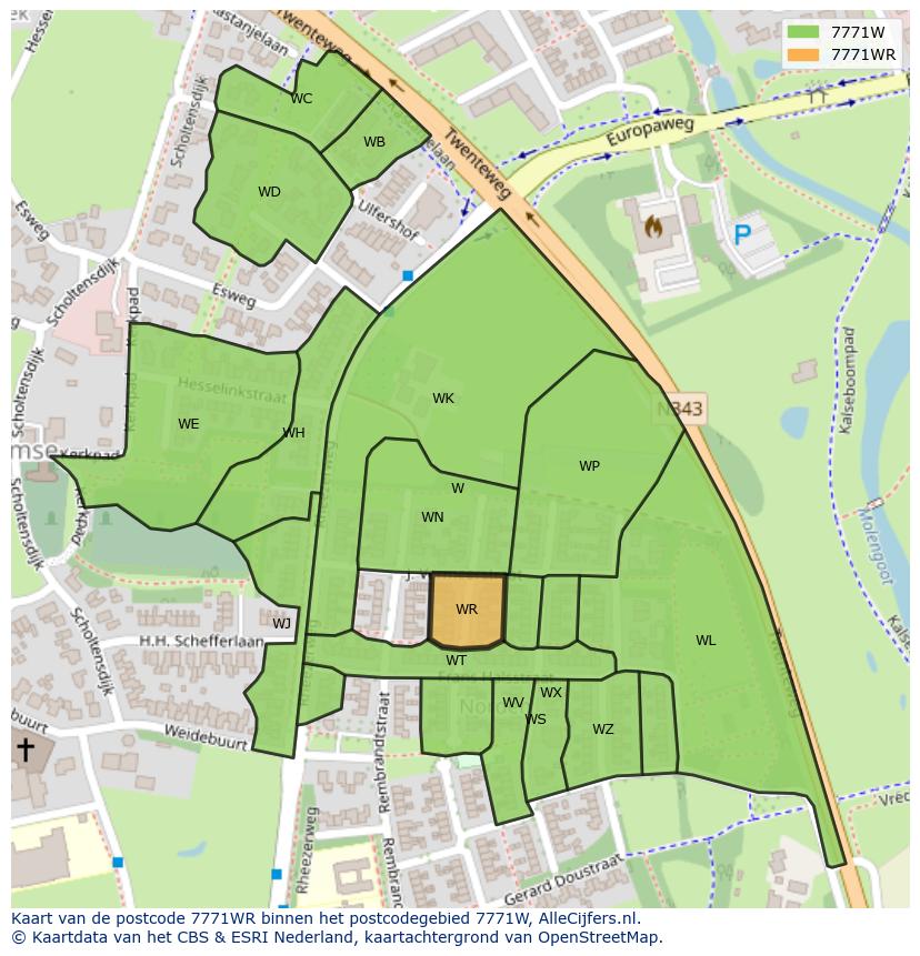 Afbeelding van het postcodegebied 7771 WR op de kaart.