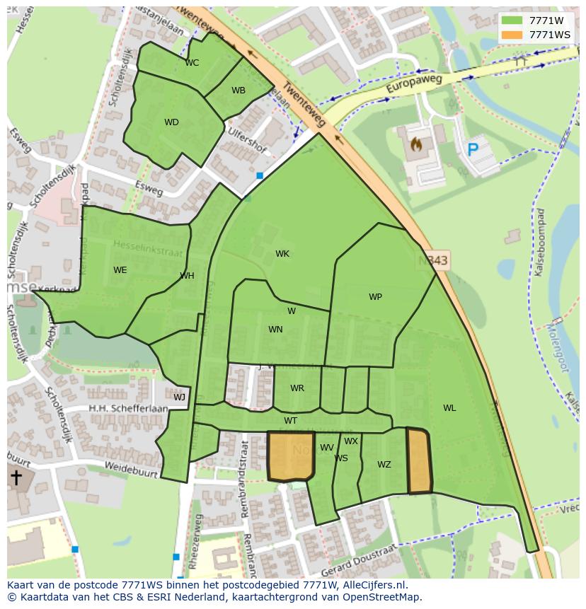 Afbeelding van het postcodegebied 7771 WS op de kaart.