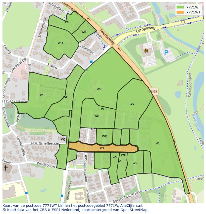 Afbeelding van het postcodegebied 7771 WT op de kaart.