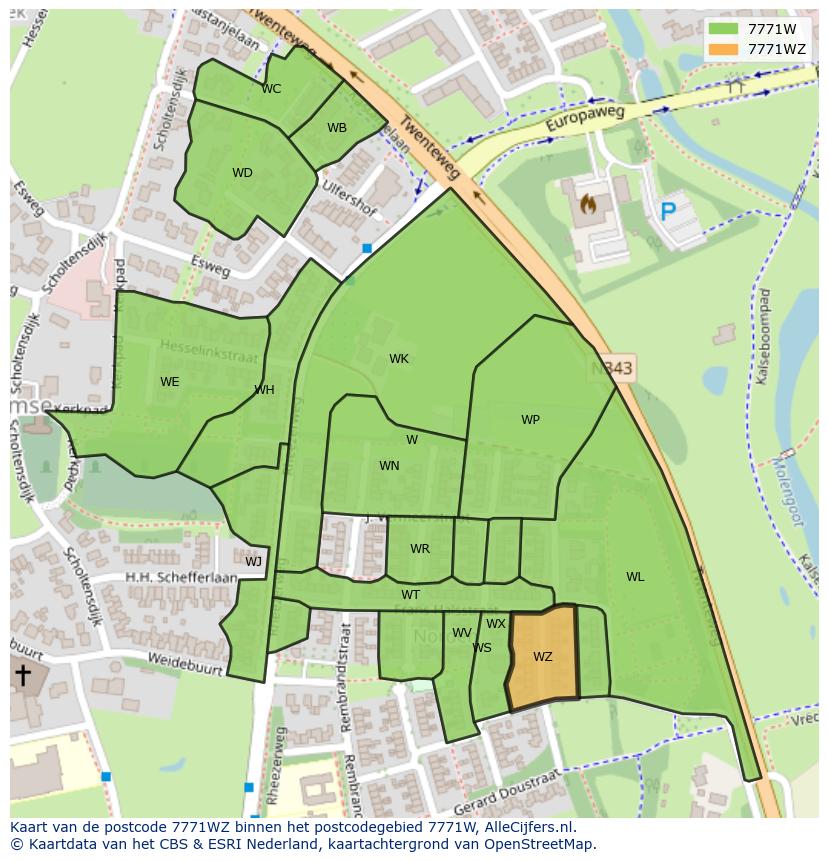 Afbeelding van het postcodegebied 7771 WZ op de kaart.