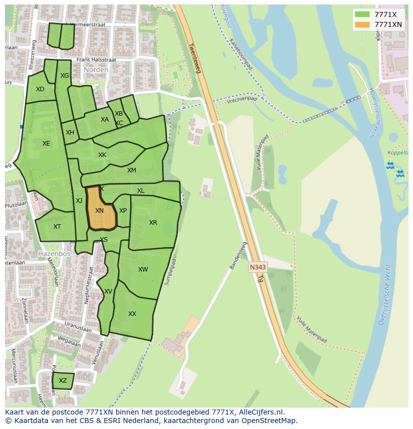 Afbeelding van het postcodegebied 7771 XN op de kaart.