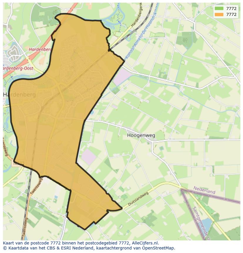 Afbeelding van het postcodegebied 7772 op de kaart.