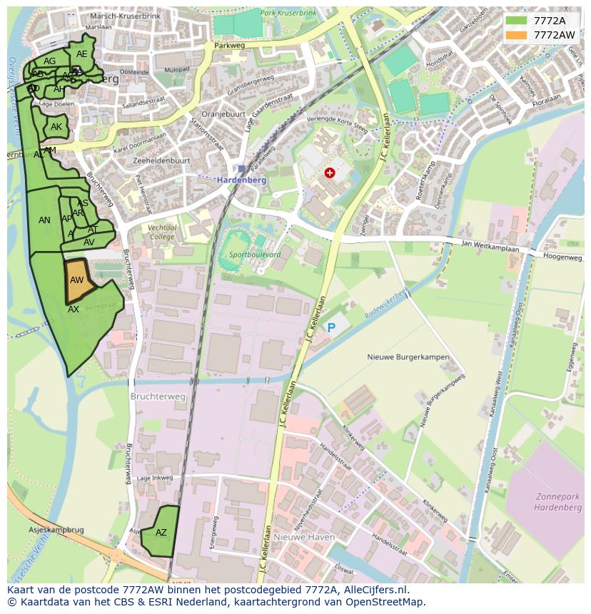 Afbeelding van het postcodegebied 7772 AW op de kaart.