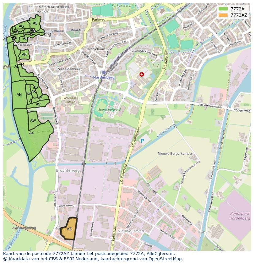 Afbeelding van het postcodegebied 7772 AZ op de kaart.