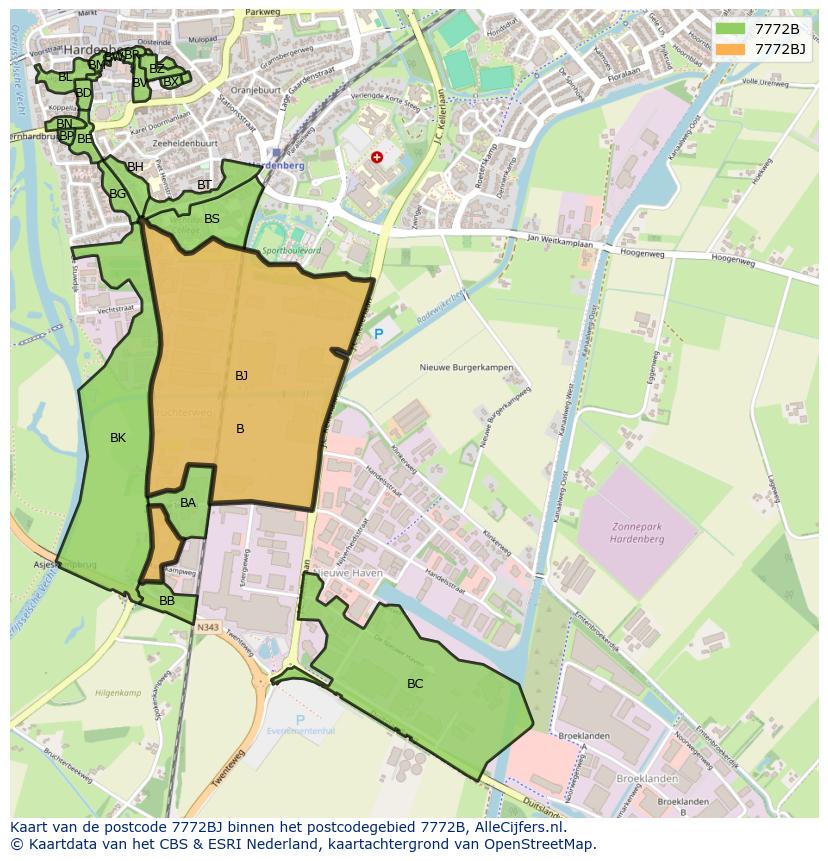 Afbeelding van het postcodegebied 7772 BJ op de kaart.