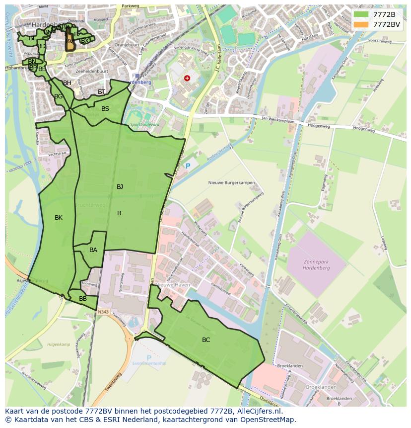 Afbeelding van het postcodegebied 7772 BV op de kaart.