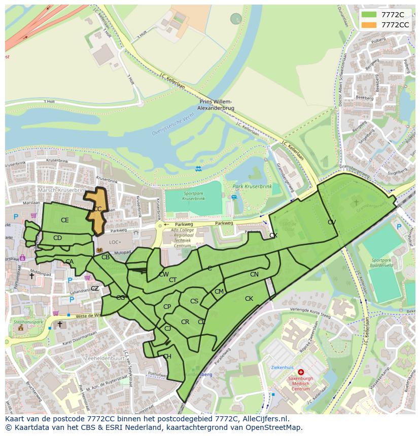 Afbeelding van het postcodegebied 7772 CC op de kaart.